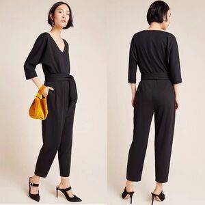 Anthropologie Sutton Ponte Knit V Neck Straight Leg Jumpsuit Black Sz M
